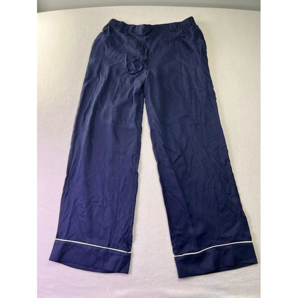Soma Pajama Set Womens Medium Navy Blue Button Down Long Sleeve Piping‎